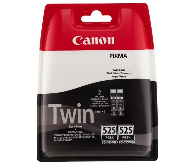 Canon PIXMA Doppelpack schwarze Tintenflaschen, zwei 525 PGBK Patronen, in rot-, weiß- und schwarzer Verpackung.