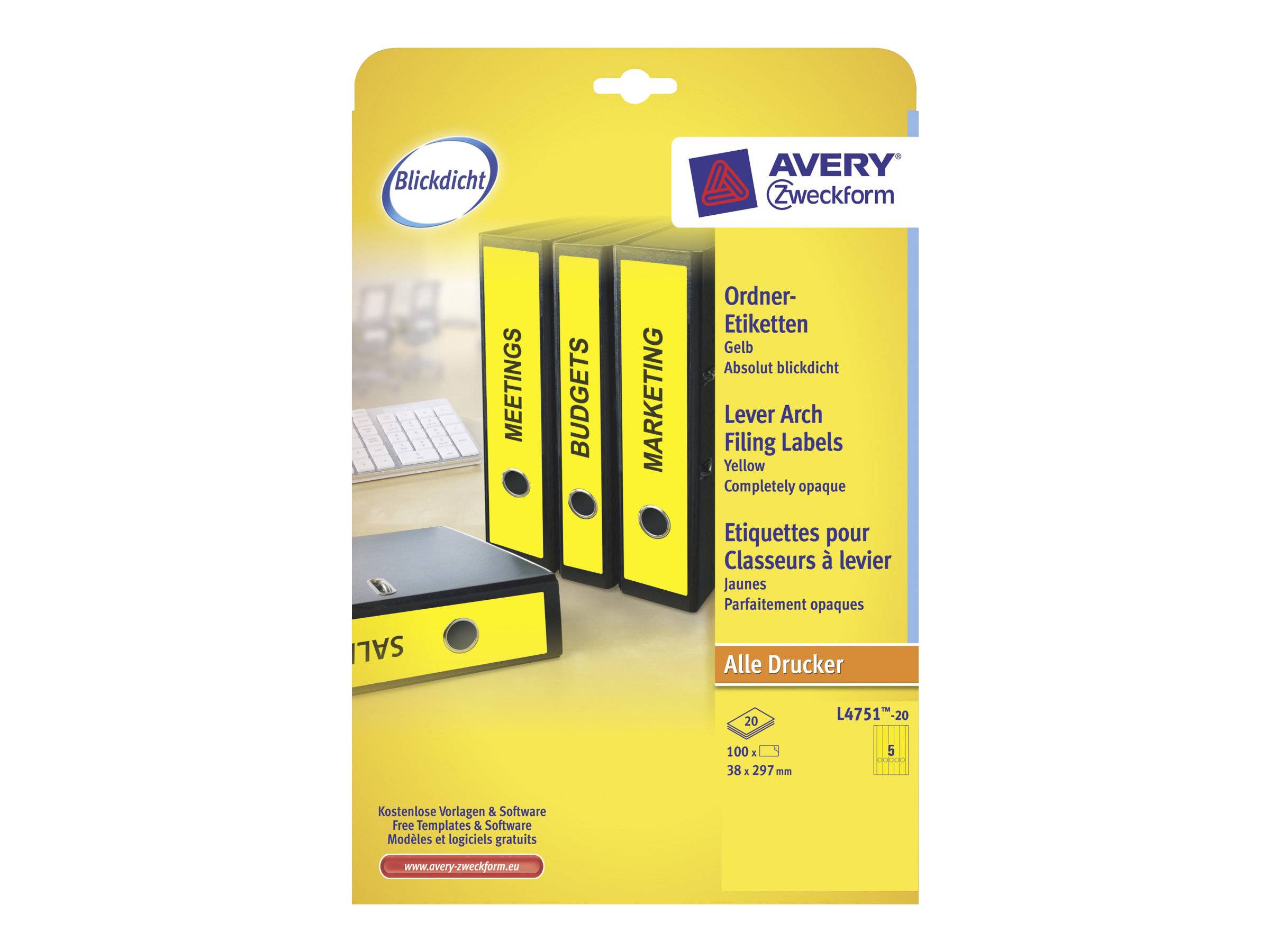 AVERY ZWECKFORM - Avery File Folder Labels - Gelb - 38 x 297 mm 100 Etikett(en) (20 Bogen x 5)