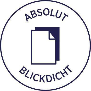 Kreisförmiges Absolut BLICKDICHT Logo mit einem zentrierten Dokumentsymbol und gebogenem Text entlang der Kante.
