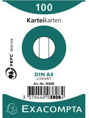 Etiketttext für Exacompta 'Karteikarten' Karteikarten, gekennzeichnet 100, DIN A8 liniert, mit Barcode und Produktnummer Art.-Nr. 3808B.