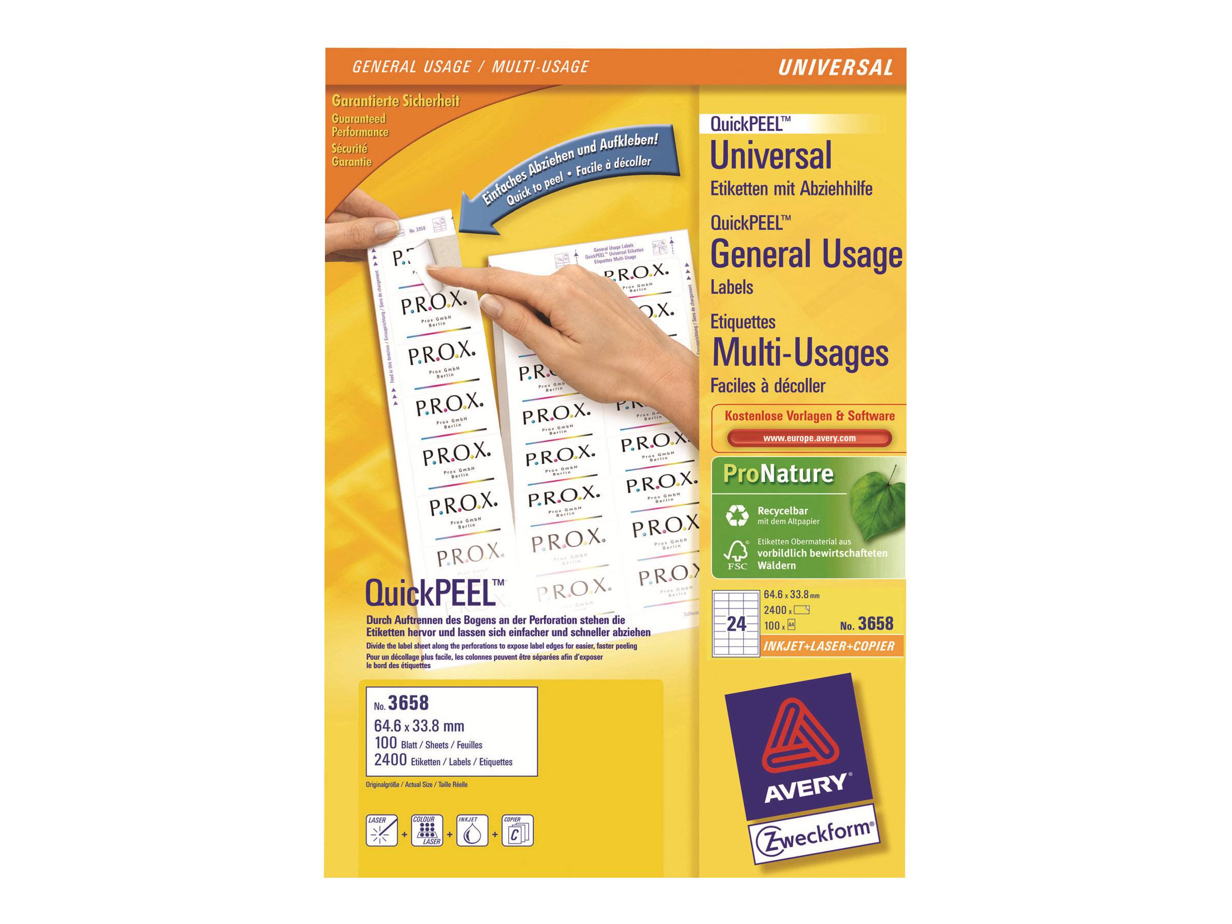 Avery Zweckform 3658 - Klebstoff - weiß - 33.8 x 64.6 mm 4800 Etikett(en) (200 Bogen x 24)