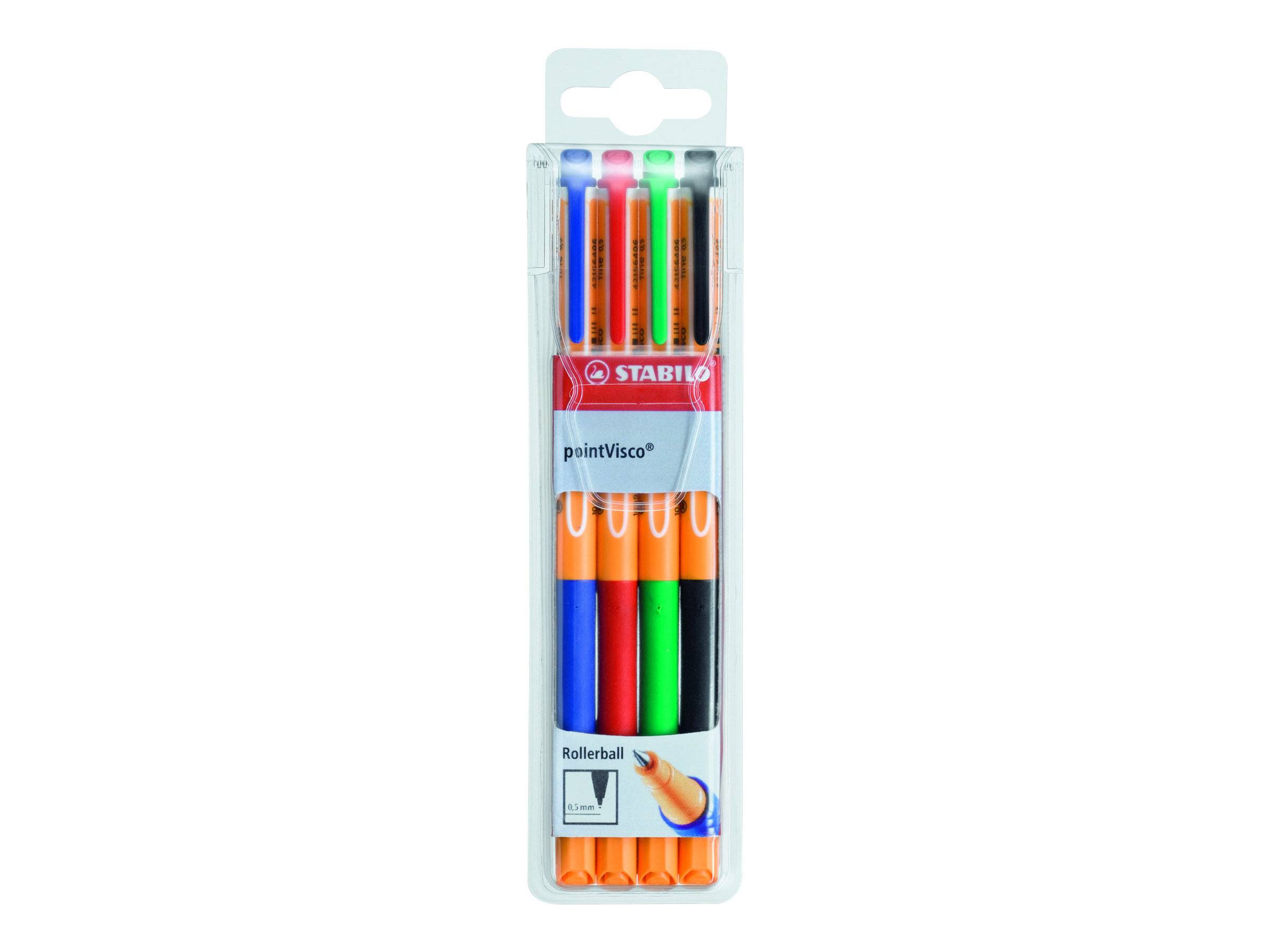 STABILO pointVisco - Tintenroller - Schwarz, Rot, Blau, Grün - Geltinte - 0.5 mm - fein (Packung mit 4)