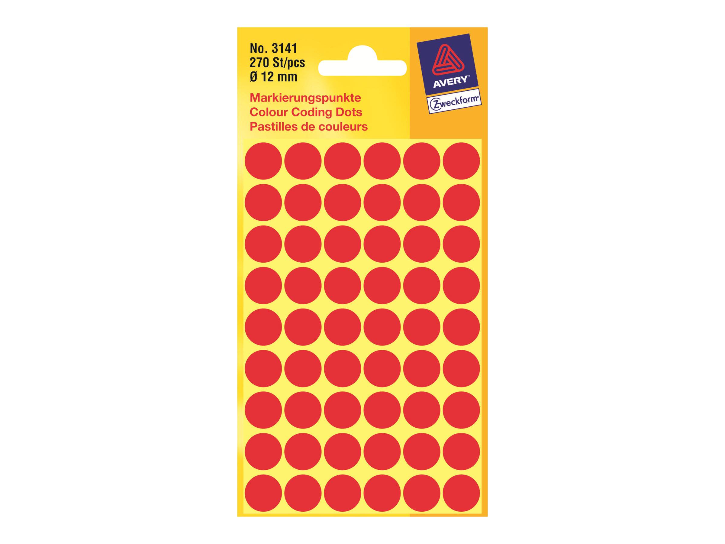 Avery Zweckform 3141 - Permanenter Klebstoff - Rot - 12 mm rund 270 Etikett(en) (5 Bogen x 54)