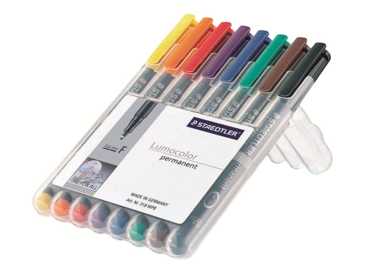 Satz Staedtler Lumocolor permanente Marker in einem durchsichtigen Kunststoffkasten, gezeigt mit verschiedenfarbigen Kappen.