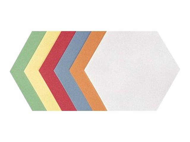 Horizontales Banner mit sich überlappenden, nach links zeigenden Chevrons in Grün, Gelb, Rot, Blau und Orange, die in einen leeren weißen sechseckigen Bereich auf der rechten Seite ausfaden.