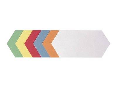 Horizontaler sechseckiger Fortschrittsanzeigen-Pfeil mit fünf farbigen Chevrons auf der linken Seite, die in einen langen hellgrauen Balken auf der rechten Seite übergehen.