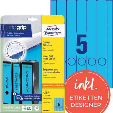 Ein Werbebild mit Avery Zweckform Hebelmechanik-Archivierungsetiketten und Ultragrip-Ringordnern, mit einem großen blauen Ordner mit der Beschriftung '5' und einem roten Kreis mit der Aufschrift 'inkl. Etiketten Designer'.