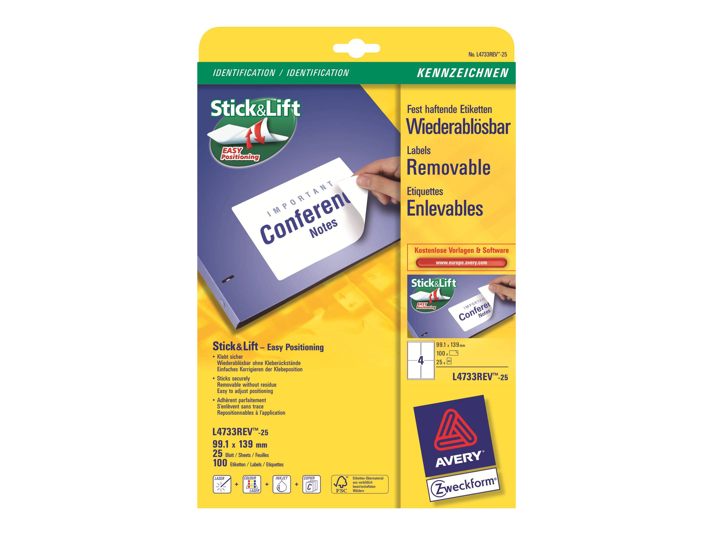 AVERY ZWECKFORM - Avery L4733REV - Entfernbarer Klebstoff - weiß - 99.1 x 139 mm 100 Stck. (25 Bogen x 4)