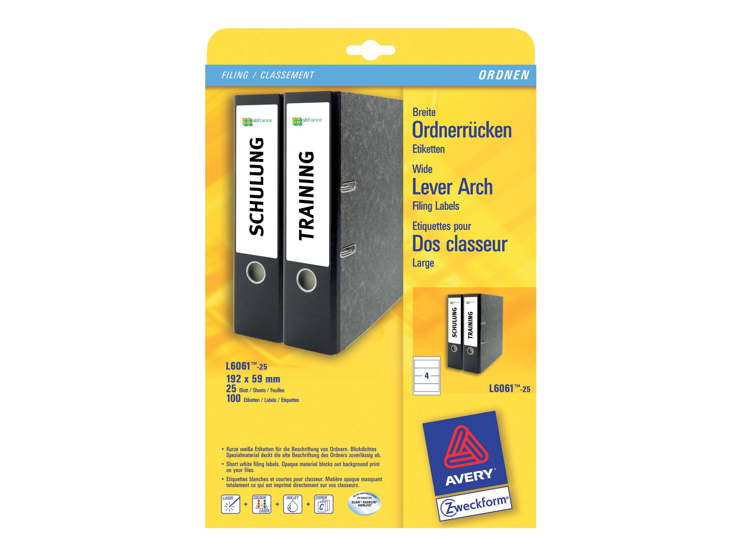 AVERY ZWECKFORM - Avery L6061 - Weiß - 59 x 192 mm 100 Stck. (25 Bogen x 4)