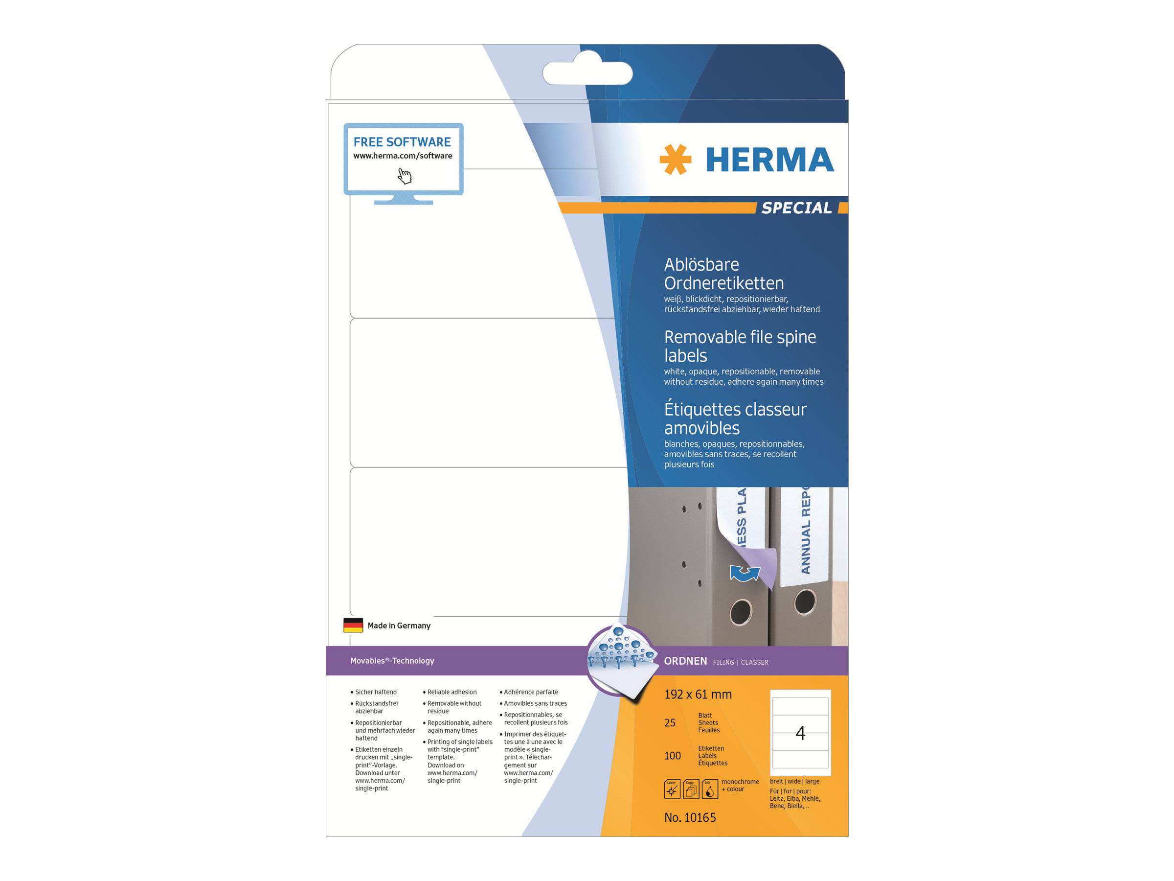 HERMA Special - Papier - matt - selbstklebend, entfernbarer Klebstoff - weiß - 192 x 61 mm 100 Etikett(en) (25 Bogen x 4