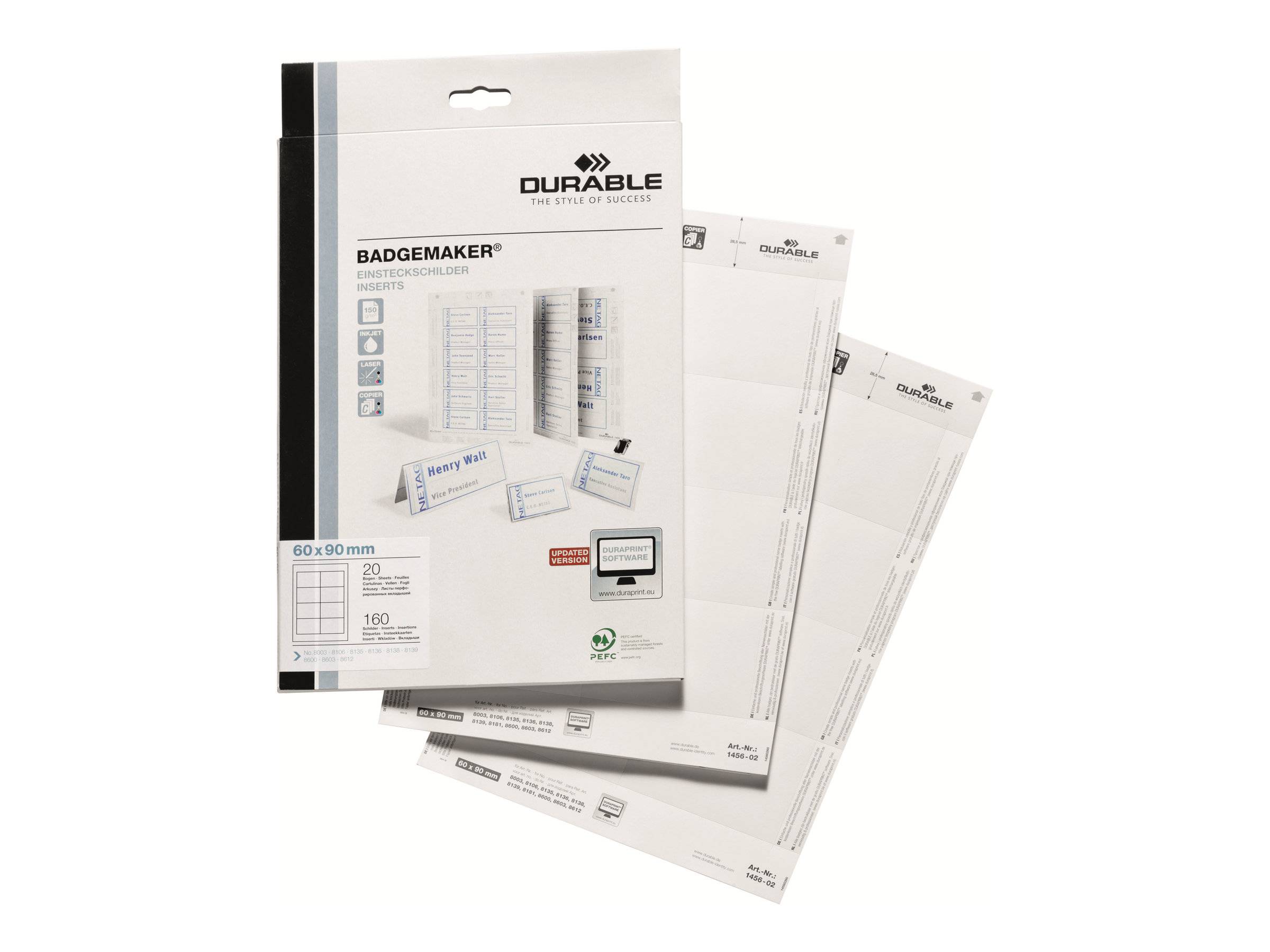 DURABLE - Weiß - 60 x 90 mm - 150 g/m² - 160 Karte(n) (20 Bogen x 8)