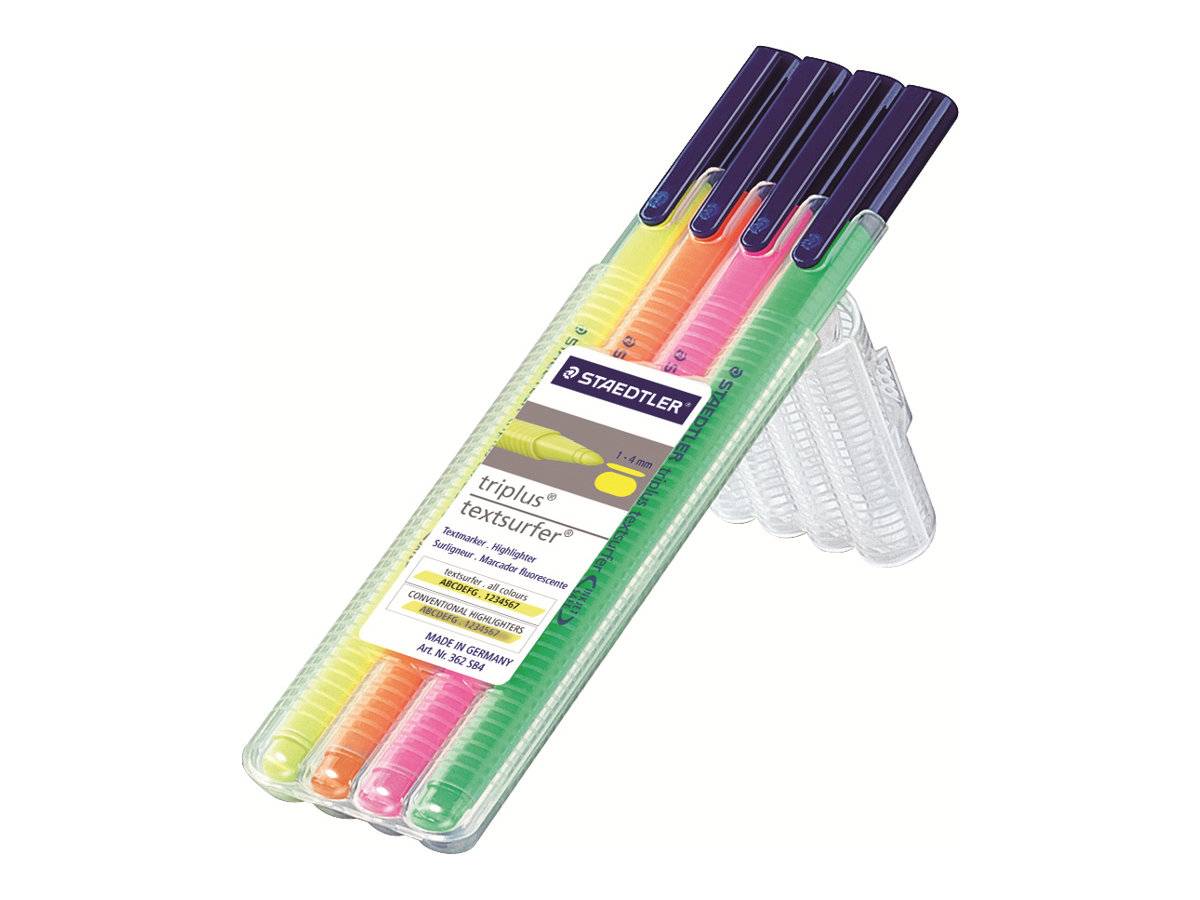 STAEDTLER triplus textsurfer - Textmarker - Neongrün, Neongelb, Neonorange, Neon Pink - Wasserbasierte Pigmenttinte - 1-4 mm - fein-breit (Packung
