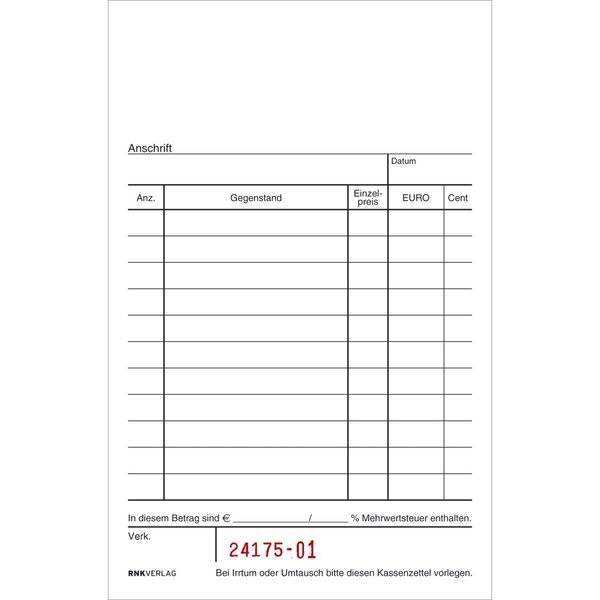 Kassenblock - oben geheftet 2 x 50 Blatt (BxH): 96 x 167 mm mit Nummerierung.