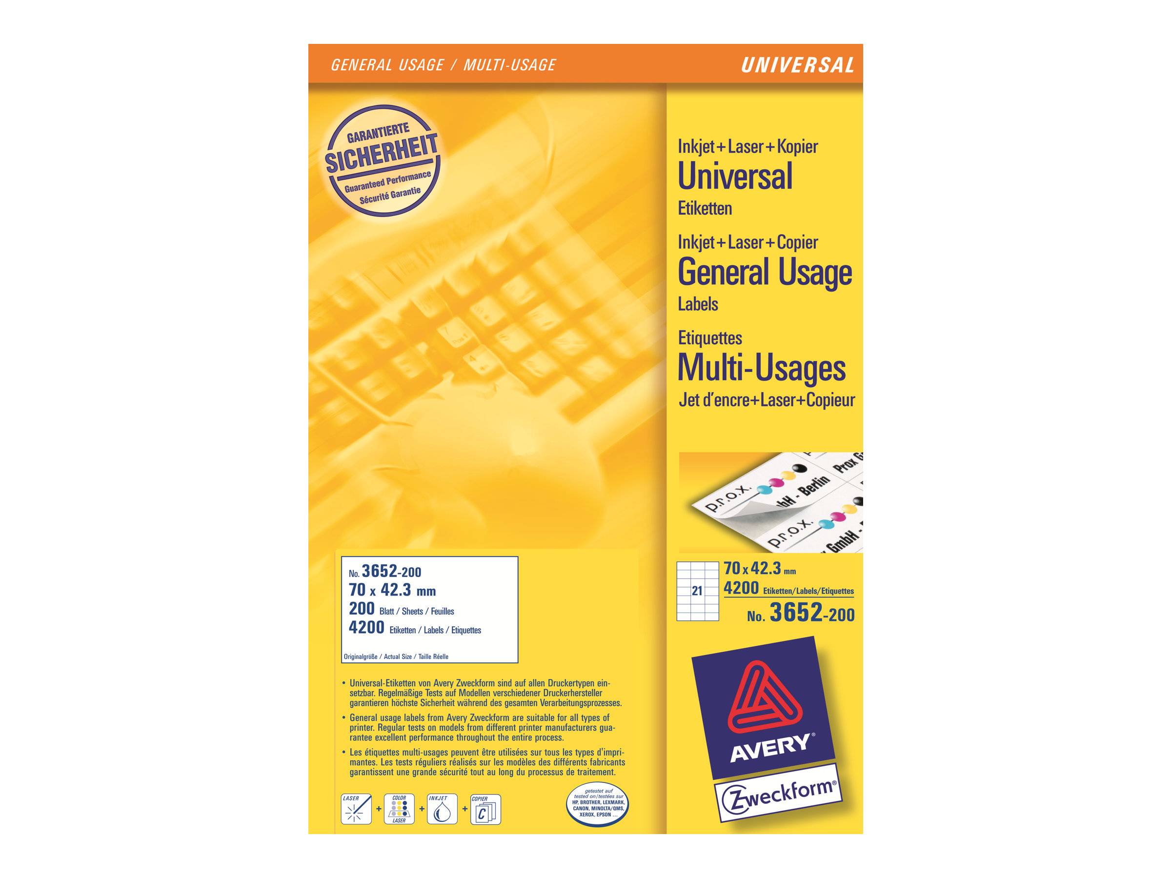 Avery Zweckform 3652 - Weiß - 42.3 x 70 mm 4200 Etikett(en) (21 Bogen x 200)