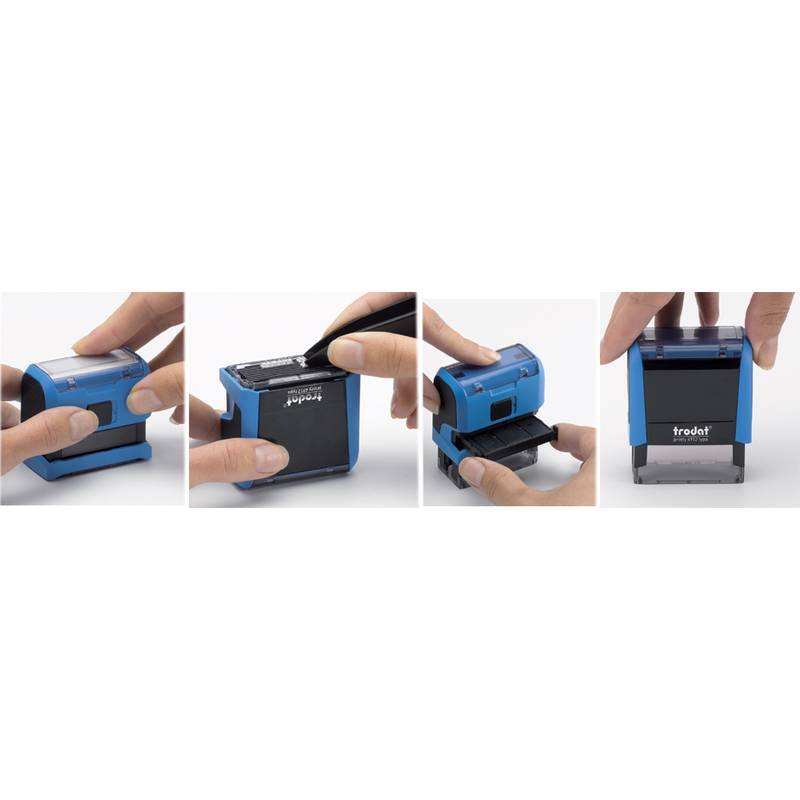 Eine Sequenz, die zeigt, wie man einen Selbstfärberstempel verwendet: Deckel abnehmen, Stempelkissen einsetzen, Stempel positionieren und herunterdrücken, um einen Abdruck zu erhalten.