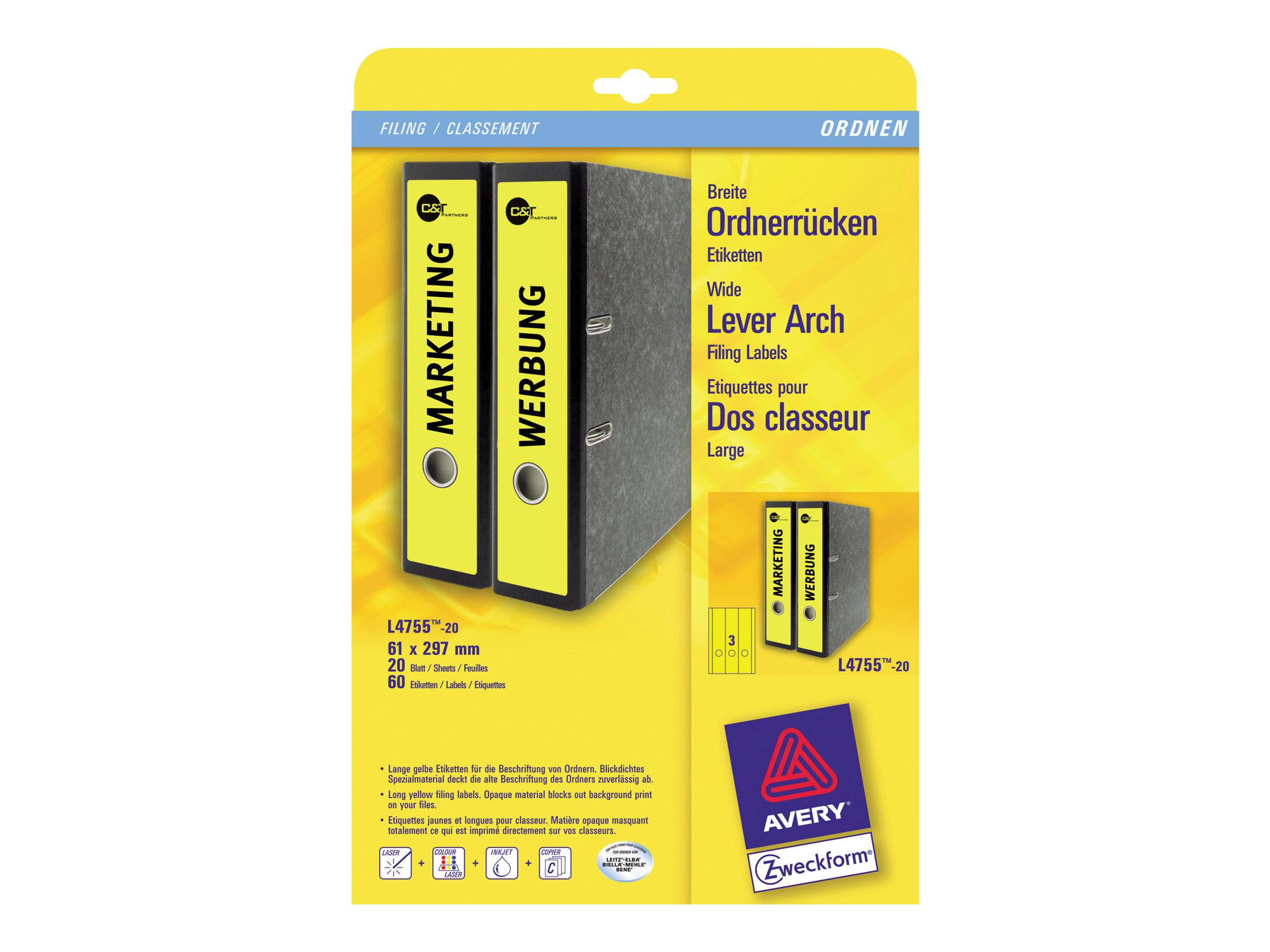 AVERY ZWECKFORM - Avery L4755 - Gelb - 61 x 297 mm 60 Stck. (20 Bogen x 3)