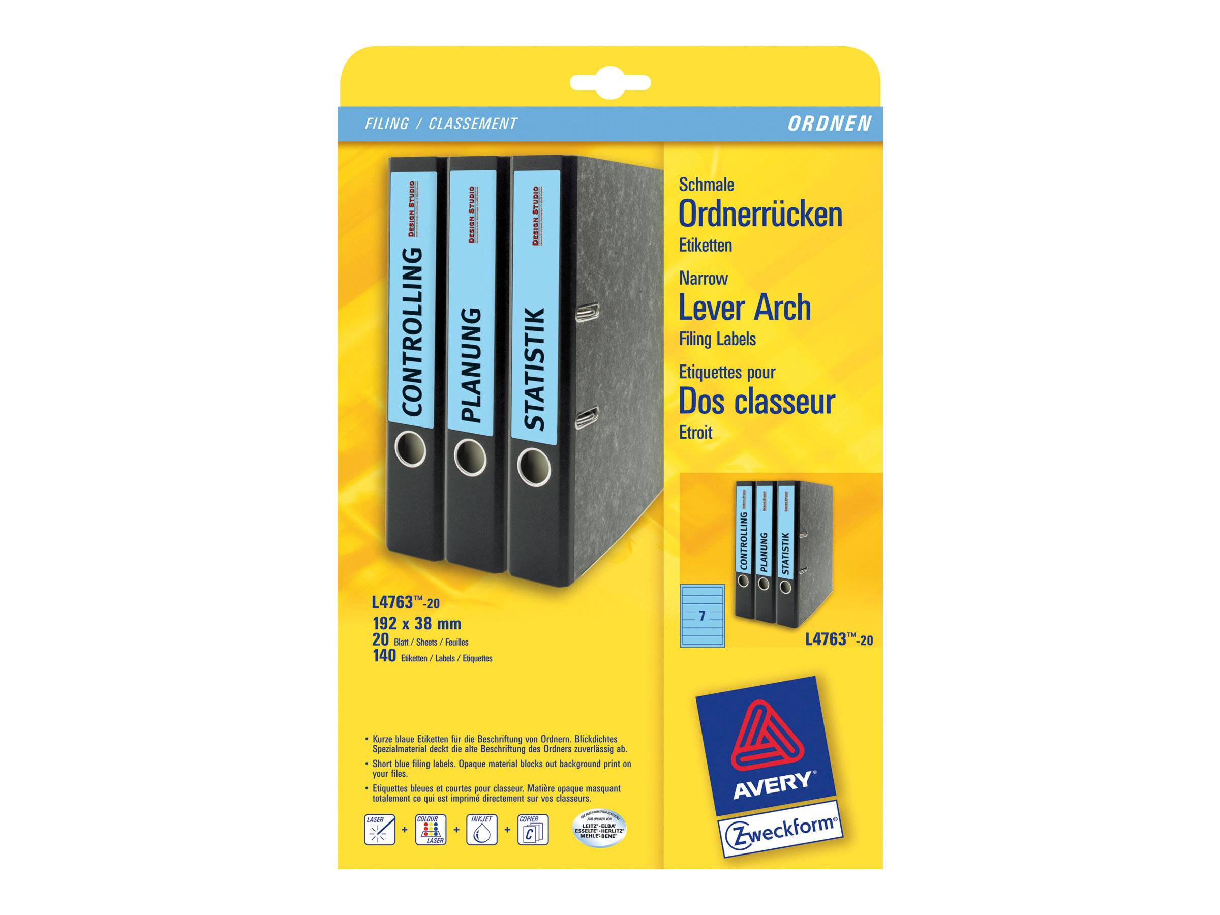 Avery Zweckform L4763 - Blau - 38 x 192 mm 140 Etikett(en) (20 Bogen x 7)