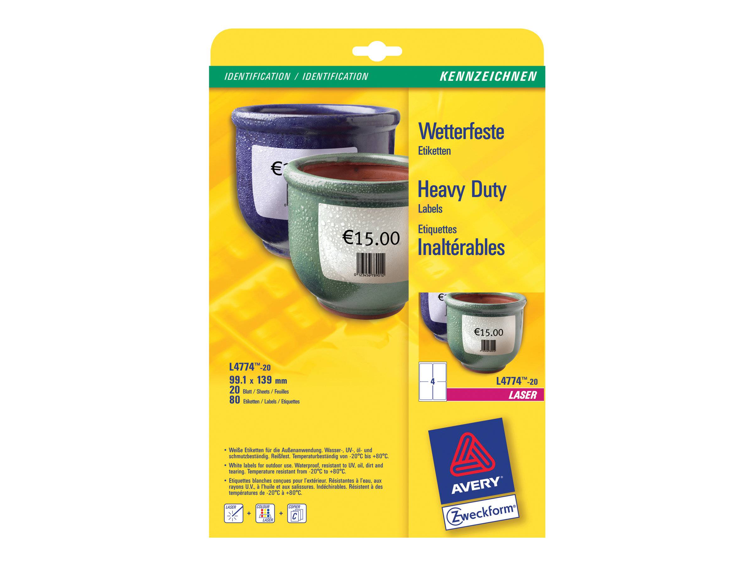 AVERY ZWECKFORM - Avery Heavy Duty Laser Labels - Polyester - weiß - 99.1 x 139 mm 80 Etikett(en) (20 Bogen x 4)