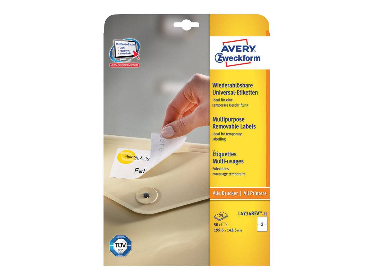 AVERY ZWECKFORM - Avery L4734REV - Entfernbarer Klebstoff - weiß - 143.5 x 199.6 mm 50 Stck. (25 Bogen x 2)