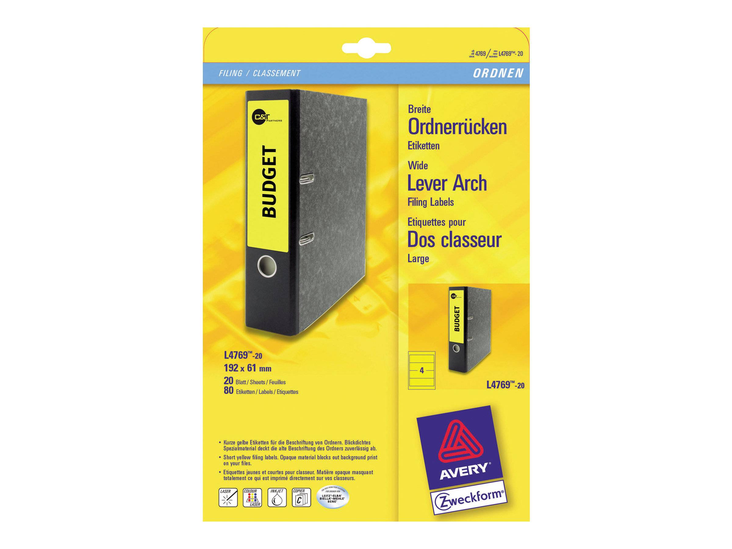 AVERY ZWECKFORM - Avery L4769 - Gelb - 61 x 192 mm 80 Stck. (20 Bogen x 4)