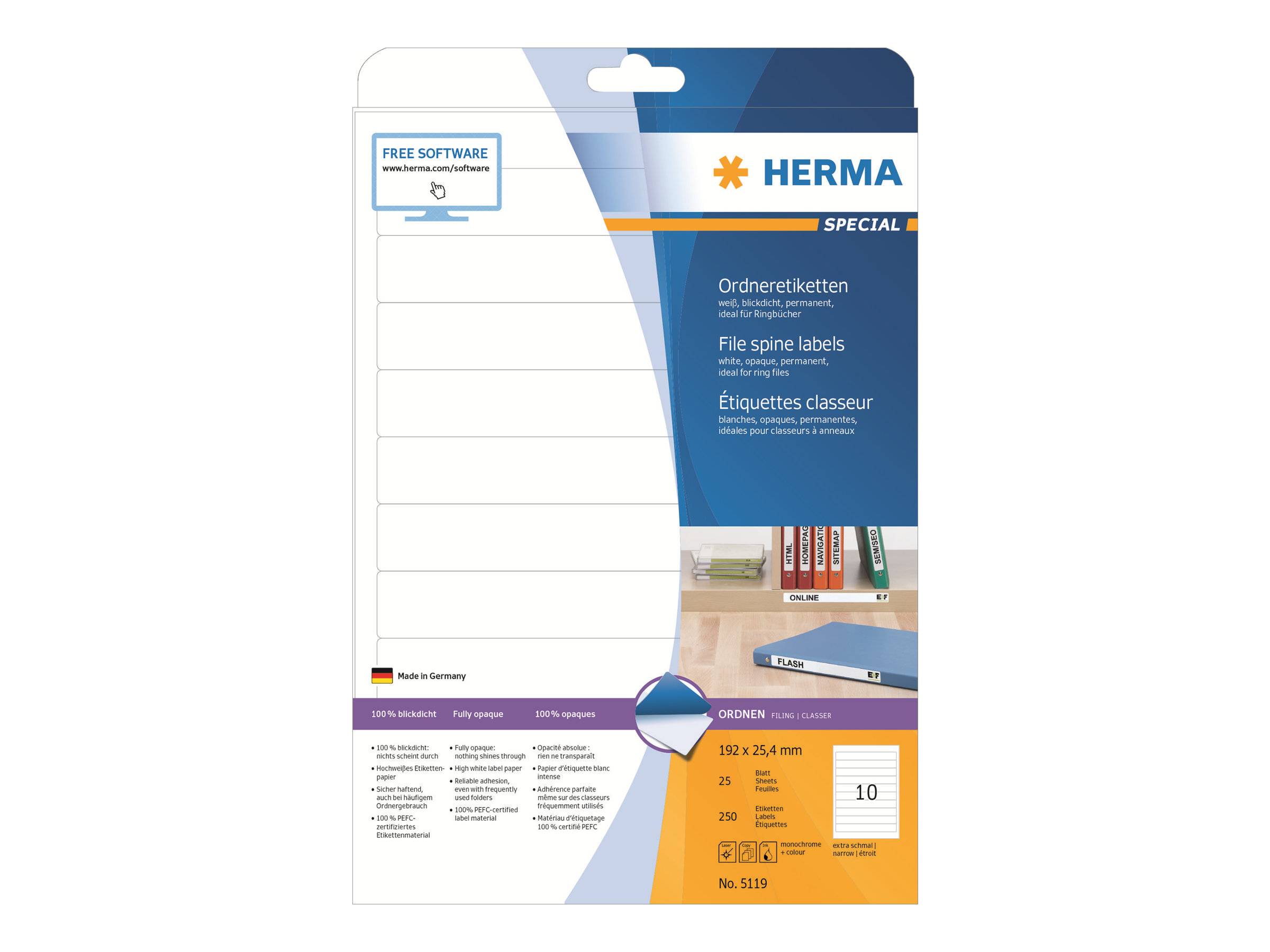 HERMA Special - Papier - matt - permanent selbstklebend - perforiert - weiß - 192 x 25.4 mm 250 Etikett(en) (25 Bogen x