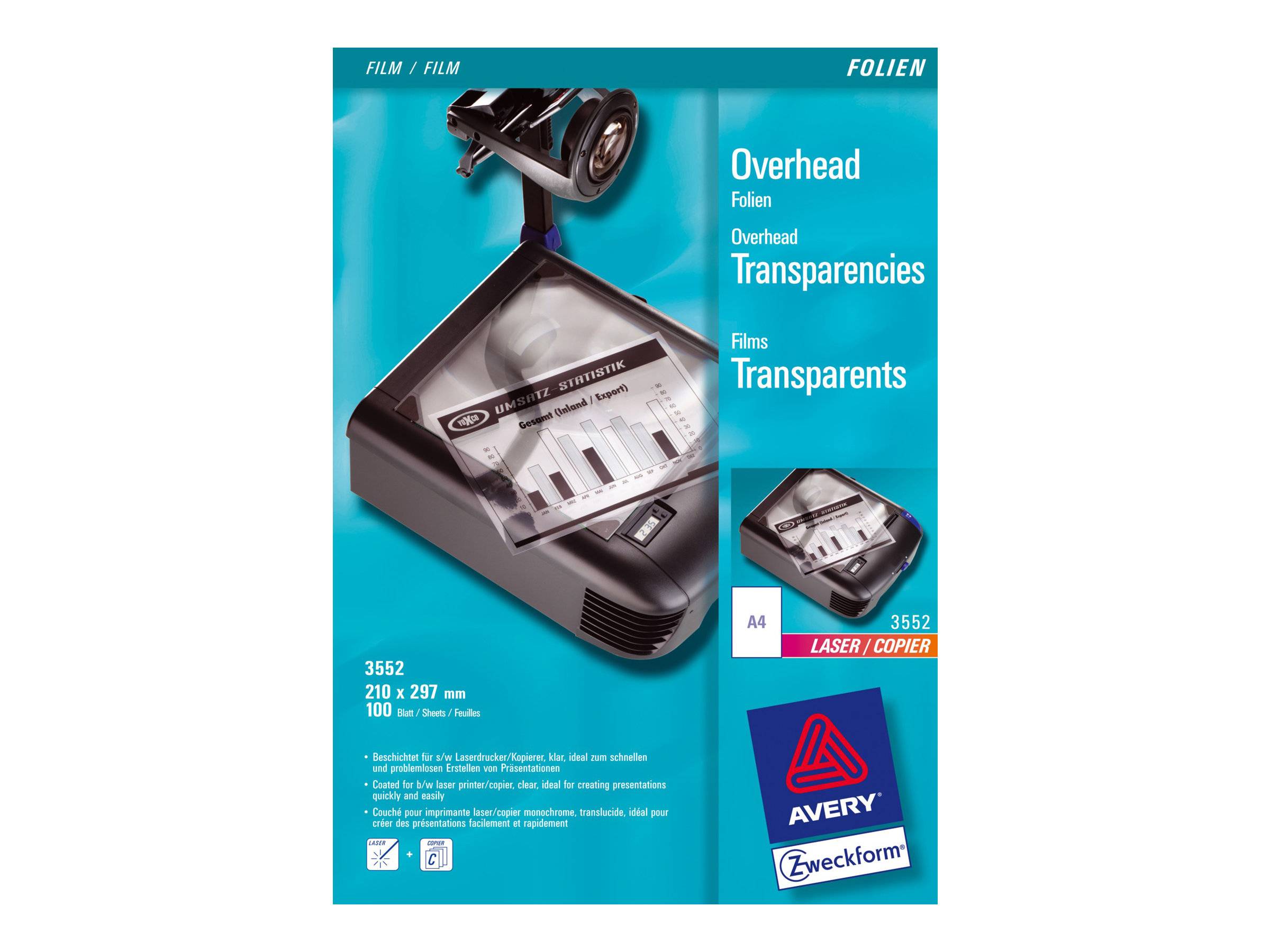 Avery Laser-Kopierfolieverpackung zeigt ein Dokument unter einem Overheadprojektor. Der Text lautet „Overhead Folien