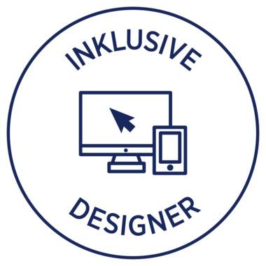 Logo mit der Aufschrift „INKLUSIVE DESIGNER" um ein Computer- und Smartphone-Symbol in einem Kreis.