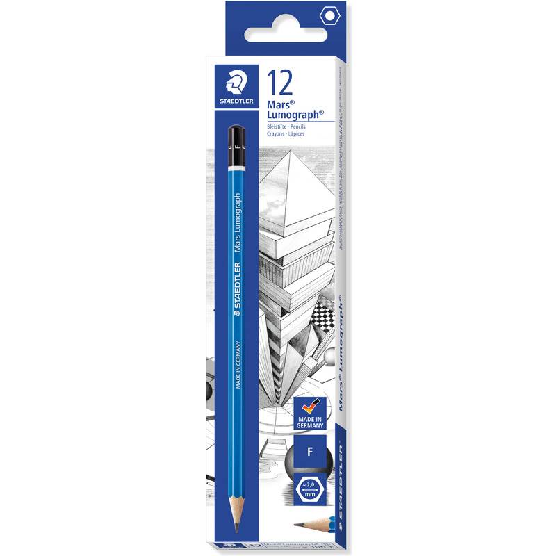 Staedtler Mars Lumograph Bleistift-Set Box, 12 schwarze Zeichenstifte, blau-weiße Verpackung mit Stiftillustration und „Made in Germany