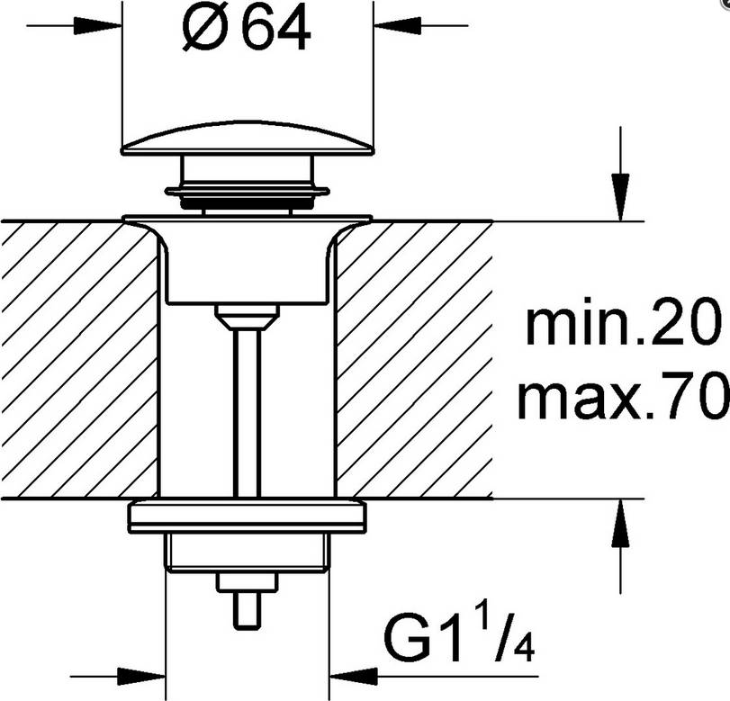 Technische Maßstabzeichnung einer zylindrischen Durchgangsarmatur durch eine Wand, zeigt Ø64 Oberflächengröße, G1 1/4 Gewinde und Wandstärke min.20 max.70.