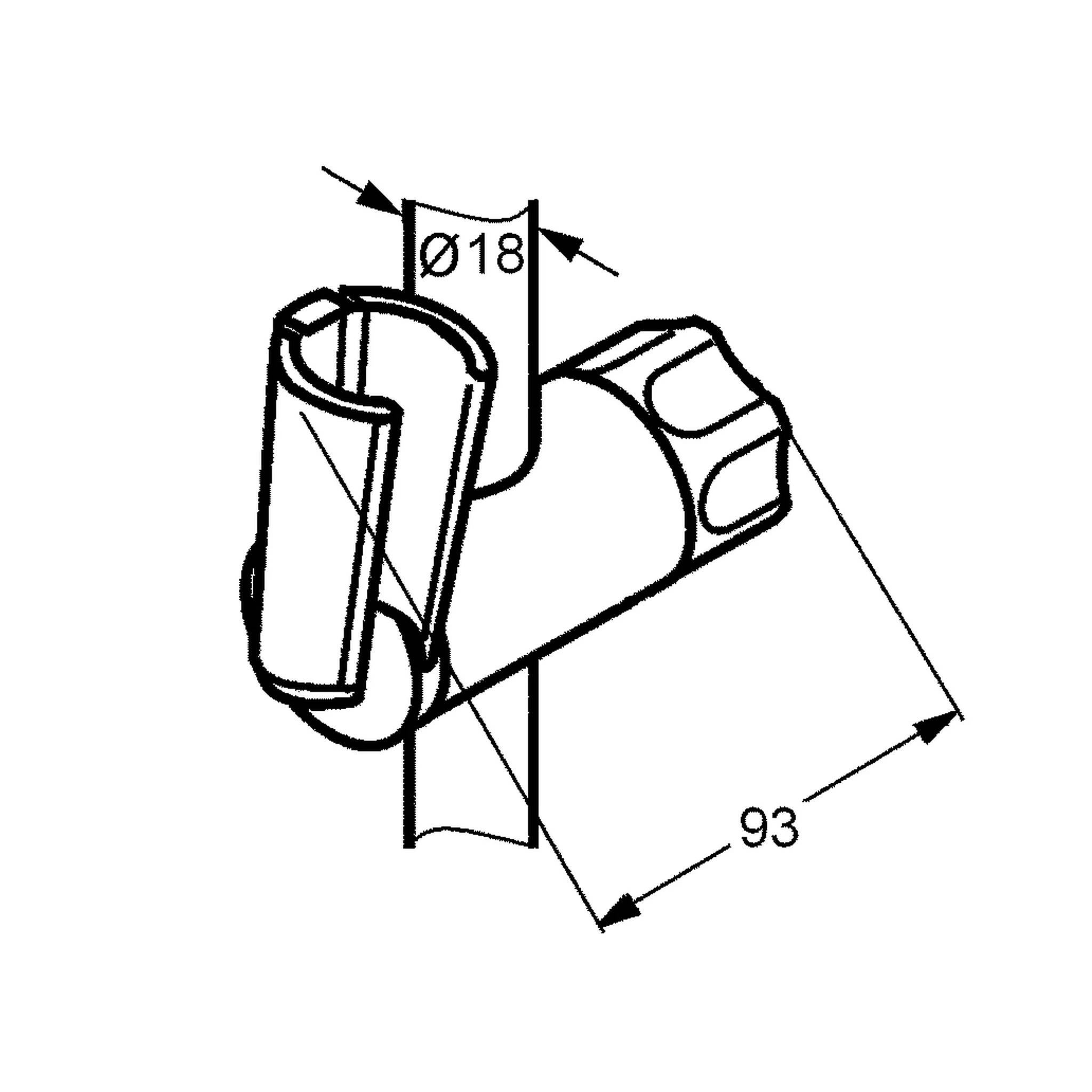 Technisches Diagramm einer Klammer oder Halterung mit den Abmessungen Ø18 und 93 Millimeter.