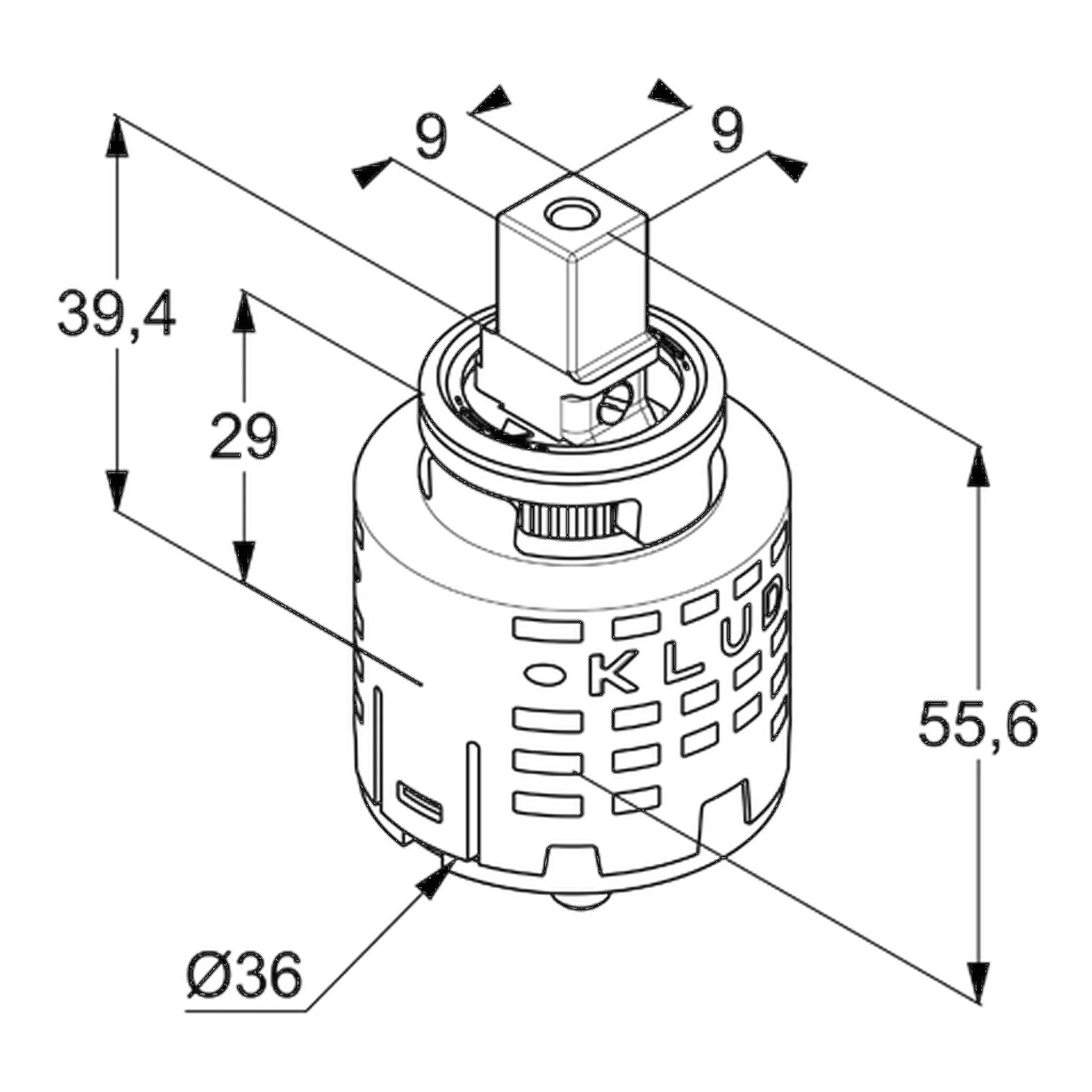 Technische Zeichnung eines zylindrischen Bauteils mit quadratischem Oberteil, das die Abmessungen 55,6, 39,4, 29, 9 x 9 und Ø36 zeigt.