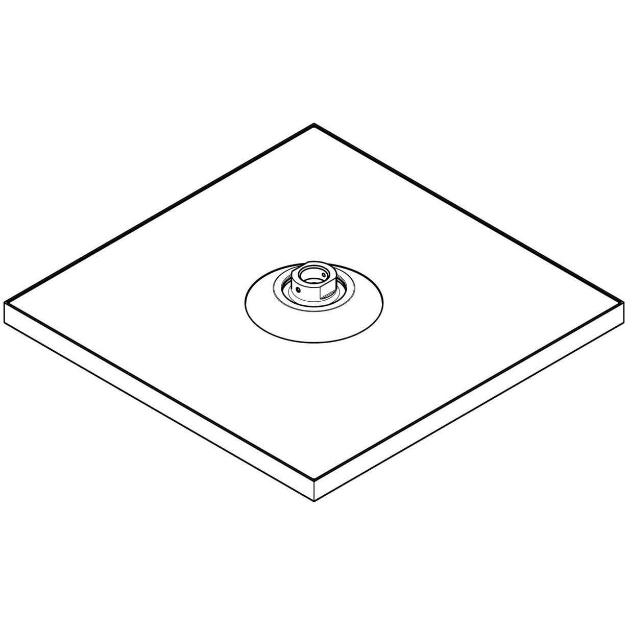 Isometrisches Diagramm eines quadratischen Panels mit einer zentralen kreisförmigen Montage- oder Anschlussarmatur.