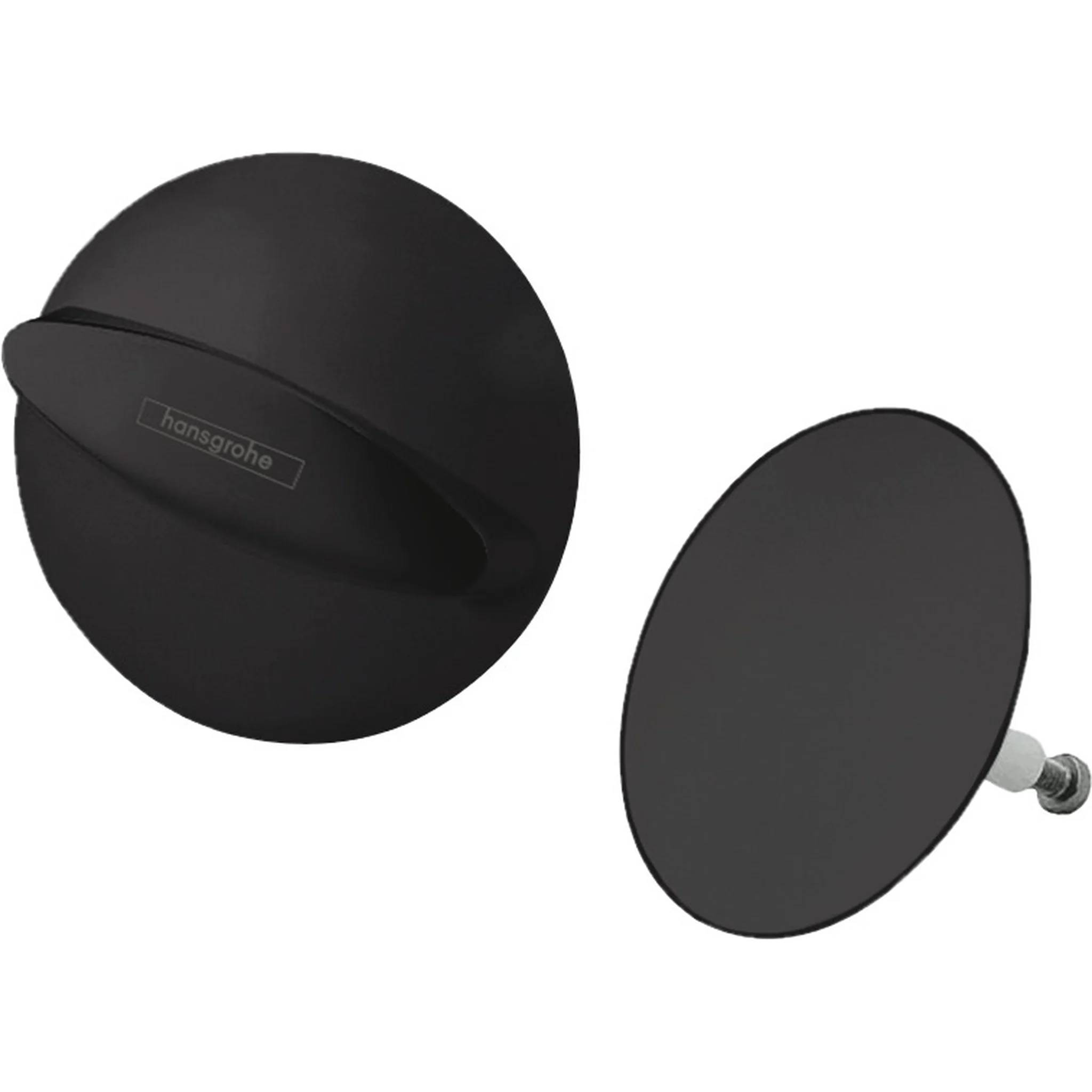 Zwei schwarze runde Badezimmer-Wandarmaturen, eine mit einer vertieften Griffmulde und „hansgrohe
