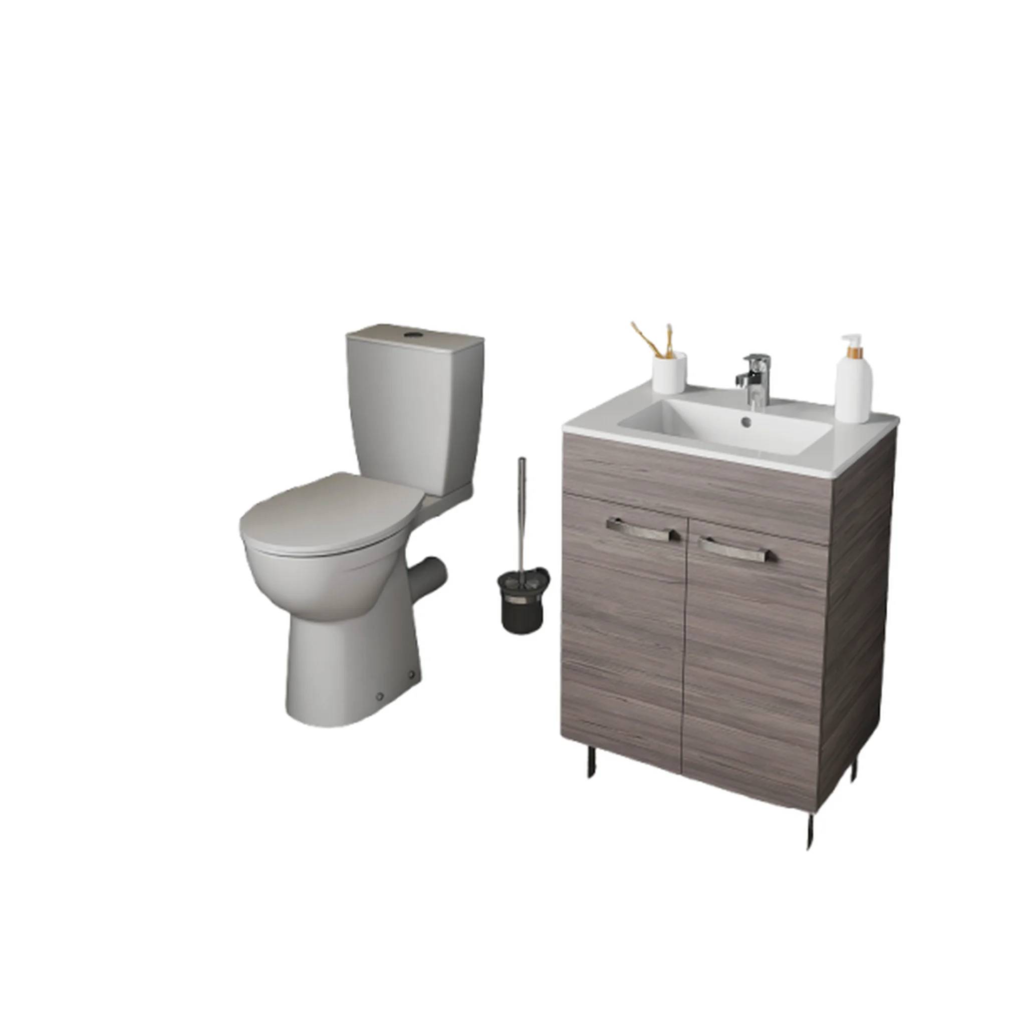 Badezimmer-Armaturen-Set mit Toilette, Pürierstab und Waschtischunterschrank mit Waschbecken und Wasserhahn auf weißem Hintergrund.
