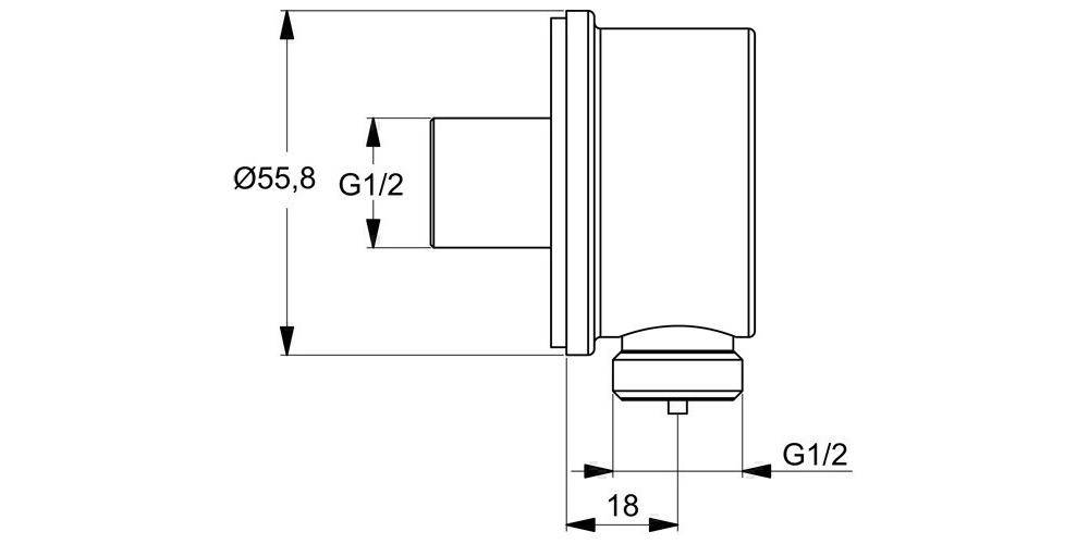 Technische Zeichnung einer wandmontierten Armatur mit seitlichen und unteren G1/2-Anschlüssen, zeigt Abmessungen Ø55,8 und 18 mm.