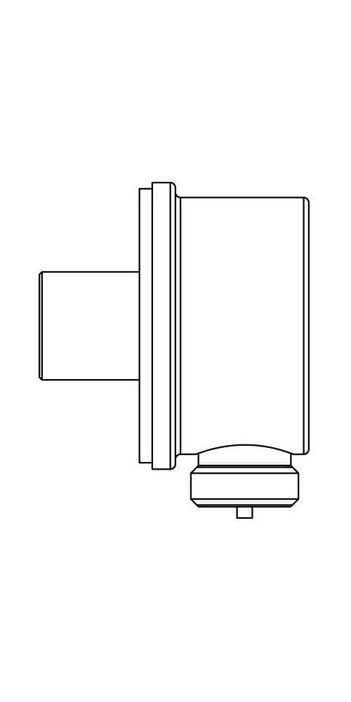 Linienzeichnung eines zylindrischen mechanischen Teils oder einer kameraähnlichen Halterung mit einem seitlich hervorstehenden Abschnitt und einer kleinen Basis darunter.