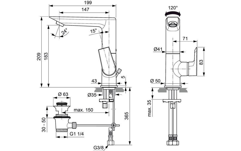 Technische Maßzeichnung eines Wasserhahns/einer Armatur mit Vorder- und Seitenansicht mit Abmessungen, Winkeln und Anschlussgrößen wie G1 1/4 und G3/8.