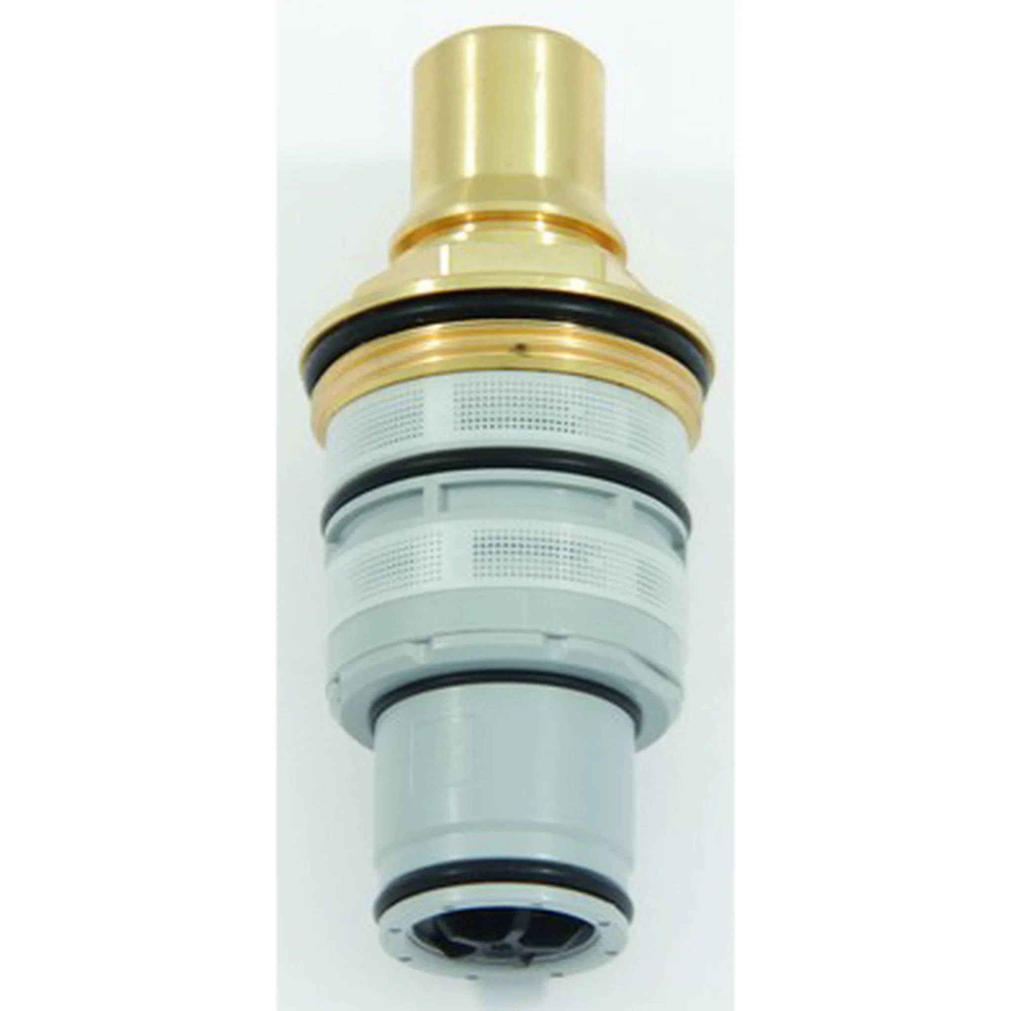 Eine zylindrische Industrie-Ventil oder Filterpatrone mit goldenem Oberteil und grauem Körper auf einfachem weißem Hintergrund.