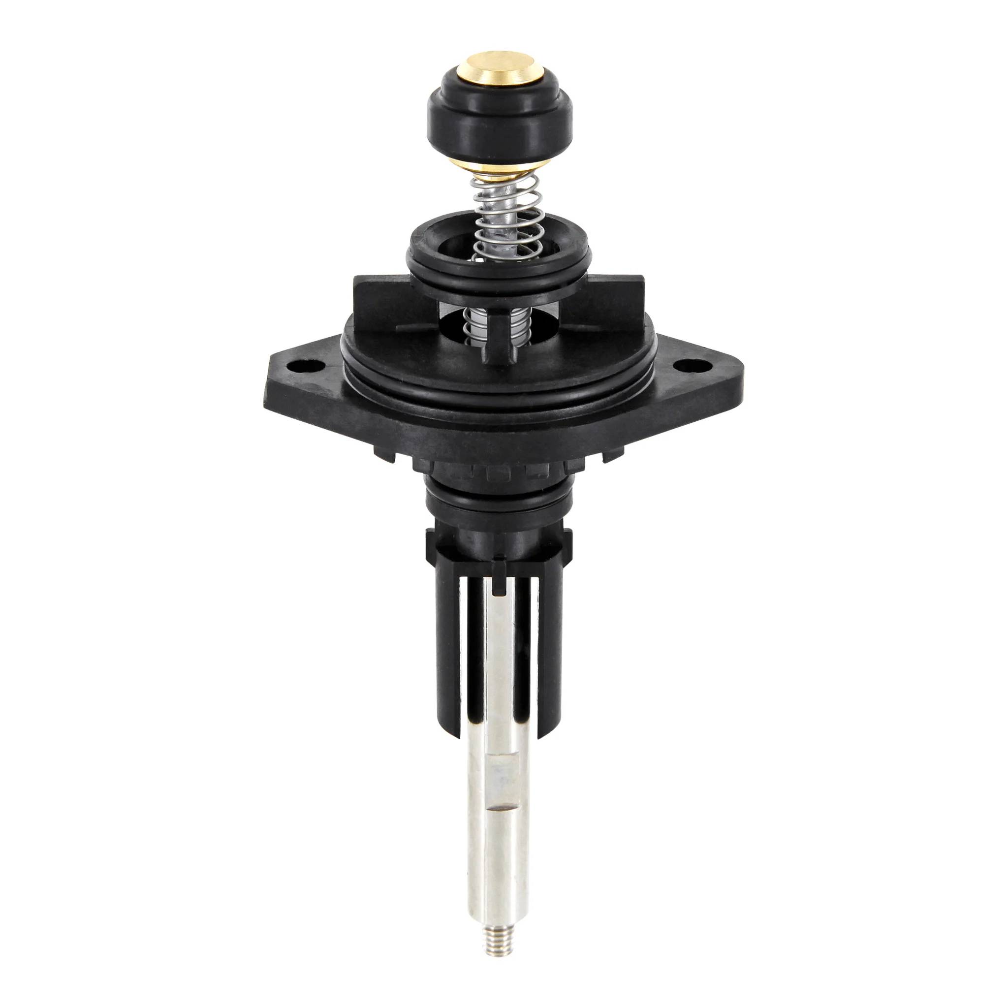 Schwarze mechanische Ventil- oder Sensoranordnung mit federbelastetem Oberteil und langer Metallsonde, isoliert auf weißem Hintergrund dargestellt.