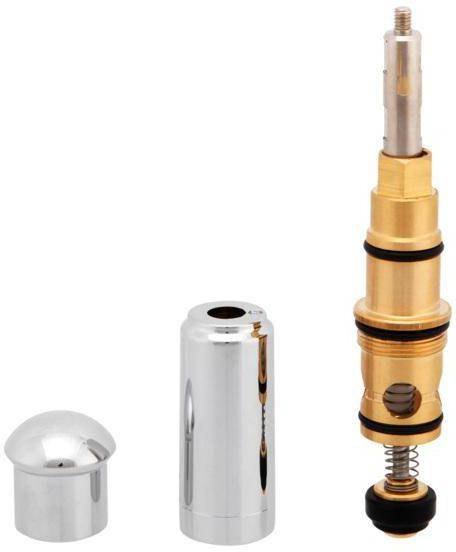 Ein metallisches mechanisches Bauteil mit einer zylindrischen Form, das einen goldenen Abschnitt mit schwarzen Ringen aufweist. Daneben befinden sich kleinere Metallteile.
