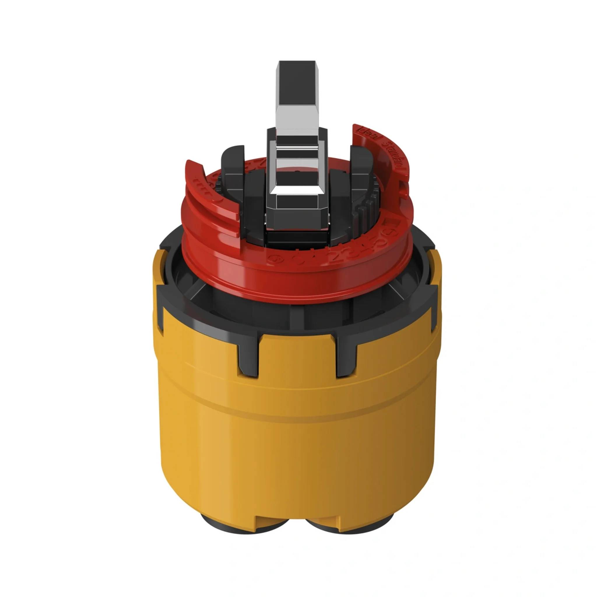 Ein 3D-gerendeter industrieller Drehschalter oder elektrischer Stecker mit gelbem Zylindersockel, schwarzem Oberteil, rotem Ring und silbernem Betätiger auf weißem Hintergrund.