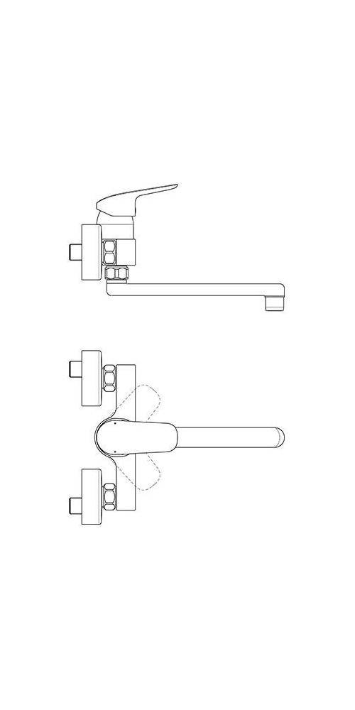 Technische Strichzeichnung, die einen Hebel-Wasserhahn oder -Griff in zwei Positionen zeigt: Seitenansicht oben und Draufsicht unten, die seinen Mechanismus und seine Bewegung veranschaulichen.