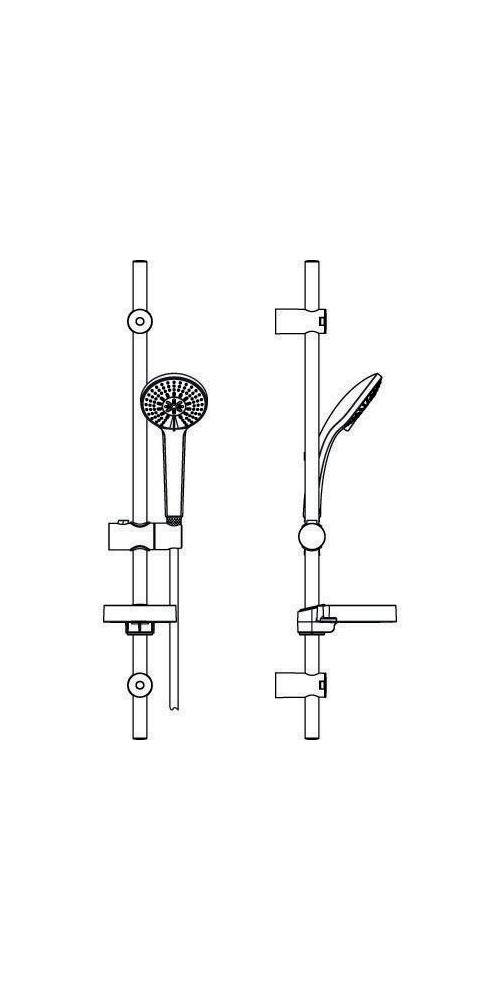 Technische Linienzeichnung einer Duschschieberstange-Baugruppe dargestellt von Vorder- und Seitenansicht, mit verstellbarem Handbrauseholder, Halterung und Schlauch.