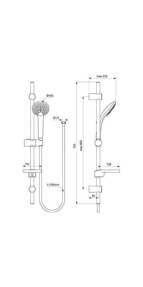 Technische Zeichnung eines Duschstangensatzes mit Handbrause, Schlauch und verstellbaren Halterungen, mit Vorder- und Seitenansichten sowie Abmessungen in Millimetern.