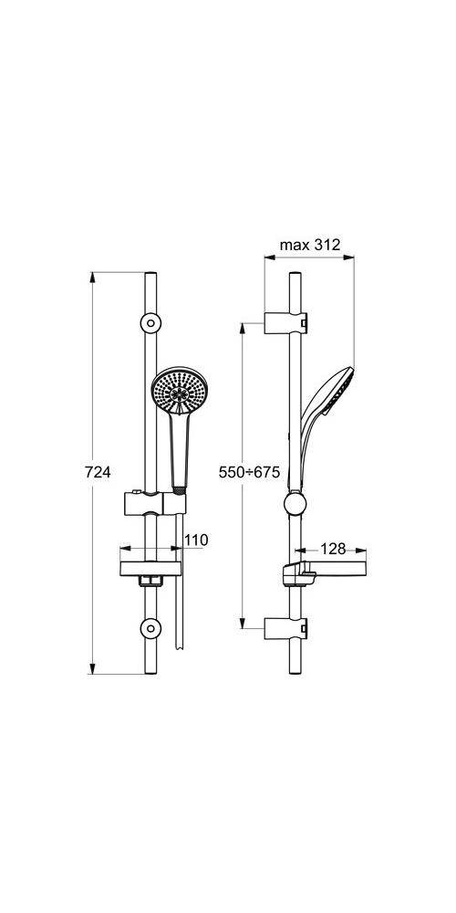 Technische Strichzeichnung einer Duschstange mit Handbrause, dargestellt in Front- und Seitenansicht mit Abmessungen: 724 mm Höhe, 550+675 mm, max. 312 mm und 128 mm Tiefe.