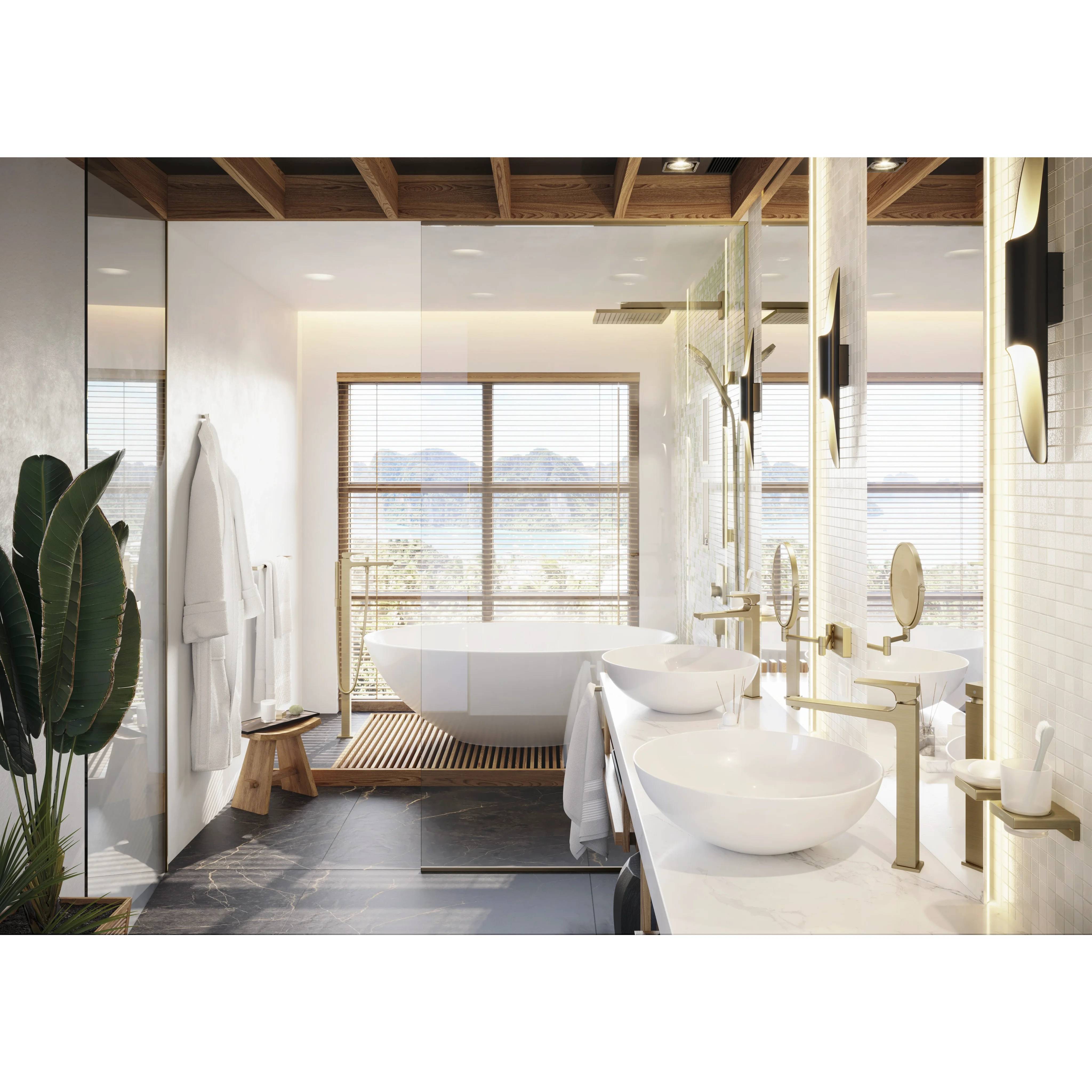 Helliges modernes Badezimmer mit freistehender Badewanne, Doppelwaschbecken, großem Spiegel, Holzakzenten und Fensterblick.