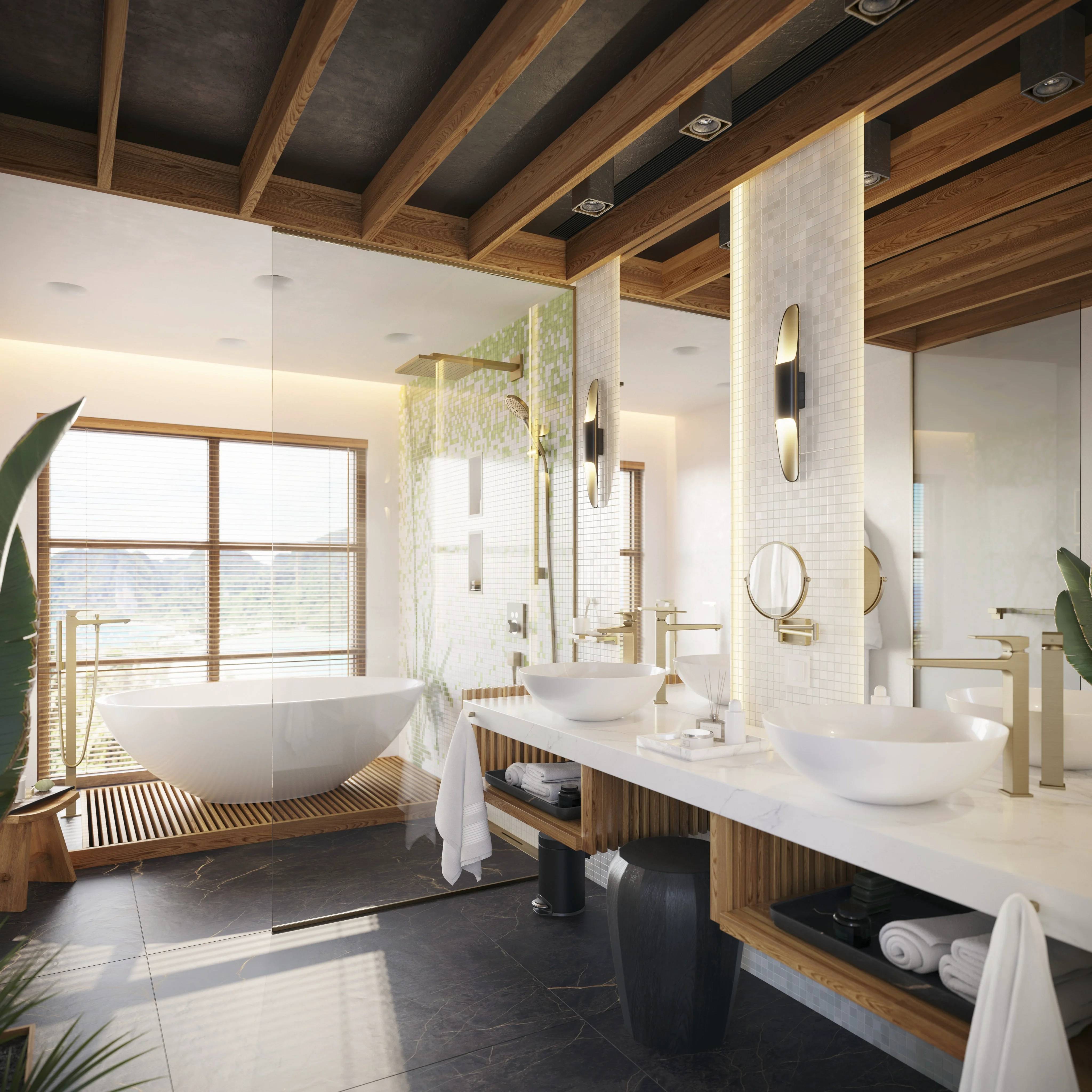 Modernes Badezimmer mit freistehendem Badewanne, zwei Aufsatzwaschbecken, großem Spiegel, Holzbalkendecke und hellem Fensterlichr.