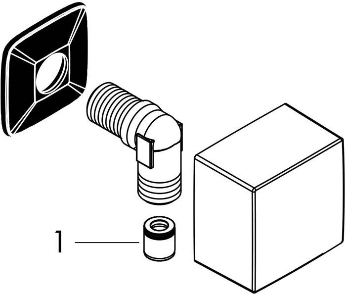 Das Bild zeigt eine Skizze eines rechtwinkligen Gelenks mit drei separaten Komponenten: einem Quadrat, einem Rohrsegment und einem kleinen zylindrischen Teil, der mit '1' beschriftet ist.