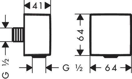Diagramm, das die Abmessungen von zwei Formen zeigt: Die erste ist 64 Einheiten hoch mit einem nach links weisenden Pfeil, der mit 'G 1/2' beschriftet ist, und die zweite ist 41 Einheiten breit.