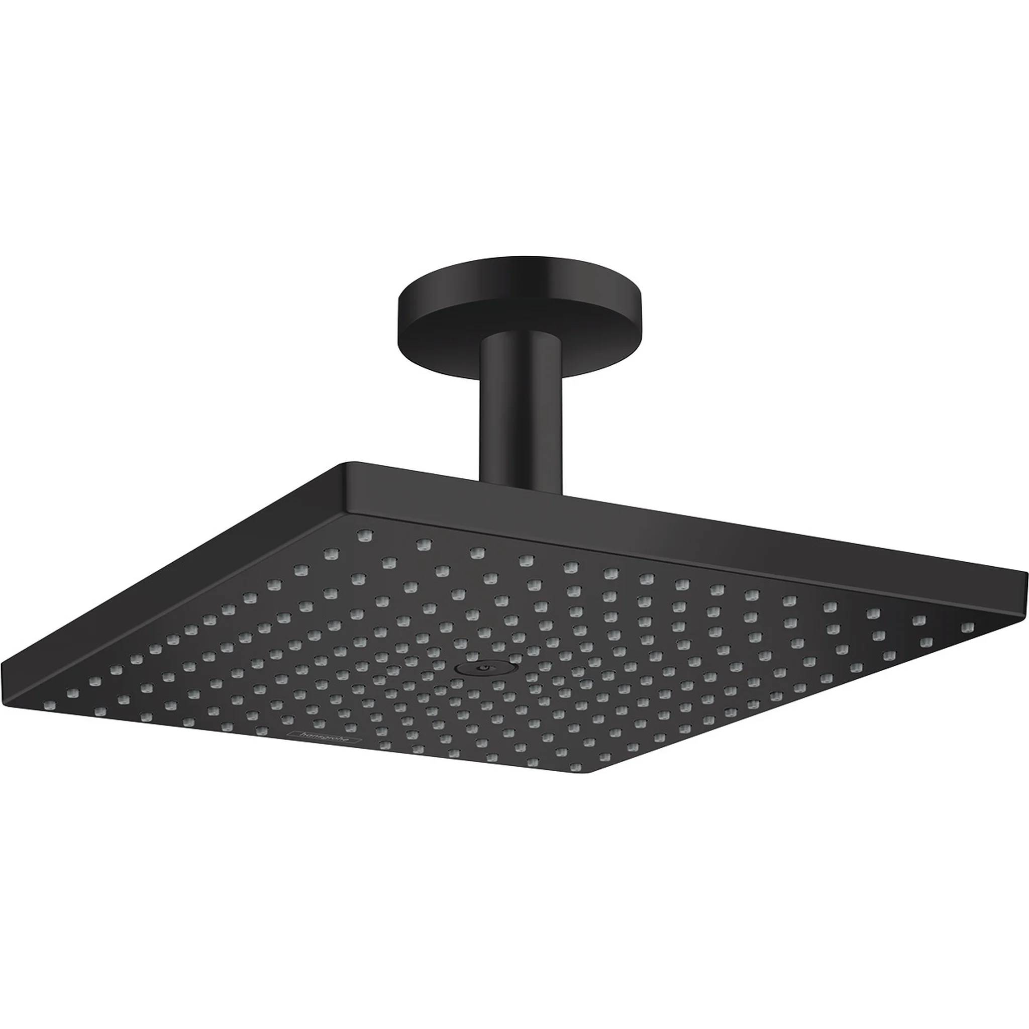 Schwarze quadratische Regenduschkopf auf einem kurzen Deckenarm montiert, von unten auf weißem Hintergrund abgebildet.